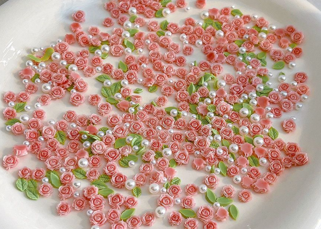 D<AAB00>DIYネイルアート用 立体バラ・ローズ・ツバキ、リーフ、パール混装アクセサリー 付け爪デコレーション