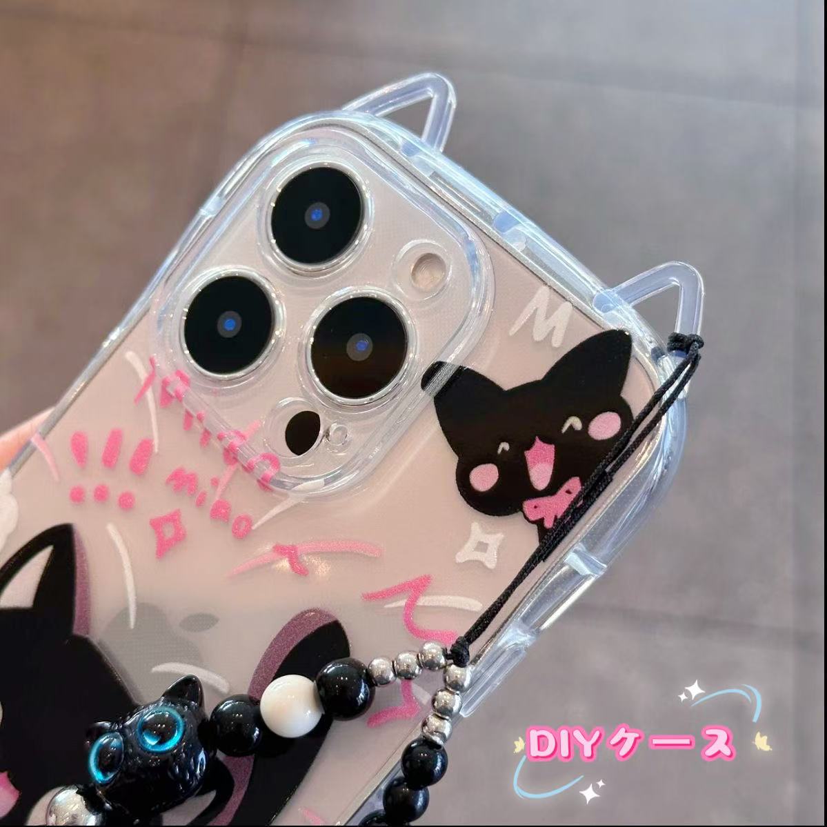 携帯ケース Iphone対応 猫耳 クロネコ ストラップ カメラ保護 フルカバー 透明キラキラ おしゃれ 可愛い 超薄型