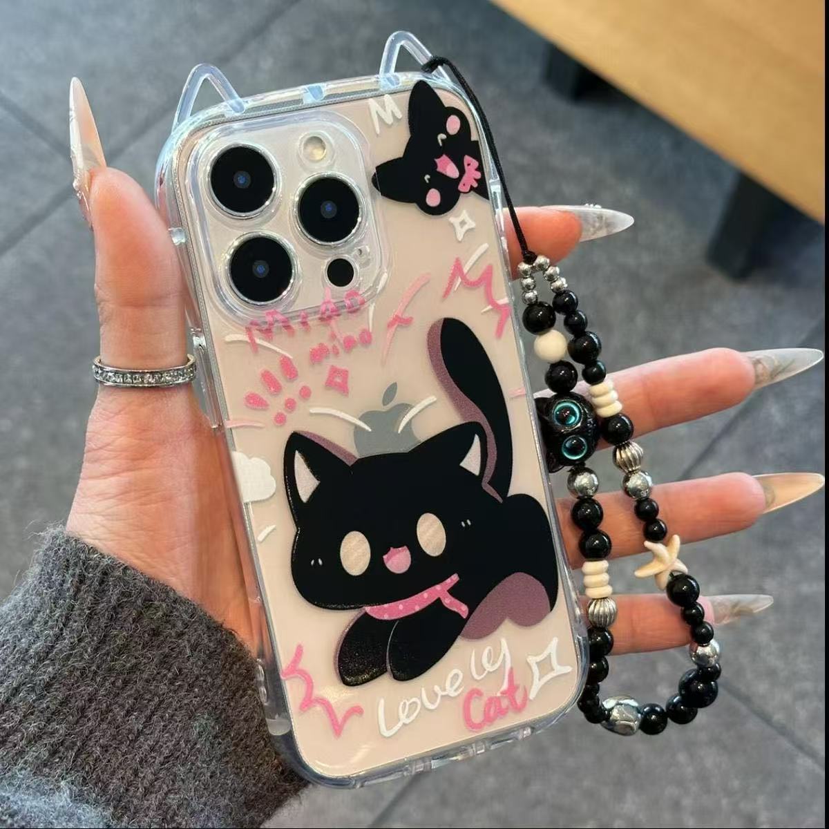 携帯ケース Iphone対応 猫耳 クロネコ ストラップ カメラ保護 フルカバー 透明キラキラ おしゃれ 可愛い 超薄型