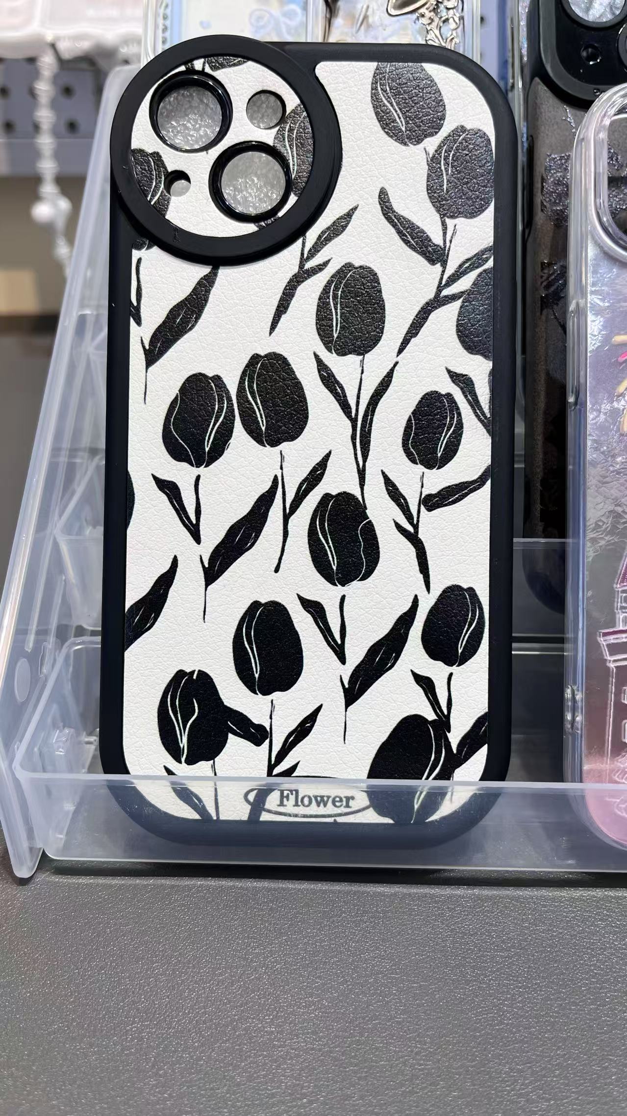 携帯ケース スマホ アイホン チューリップ 黒い しろくろ 軽量ケース 衝撃対応 フルカバー 落下実験 精密開口 カバー for Iphone レンズ保護