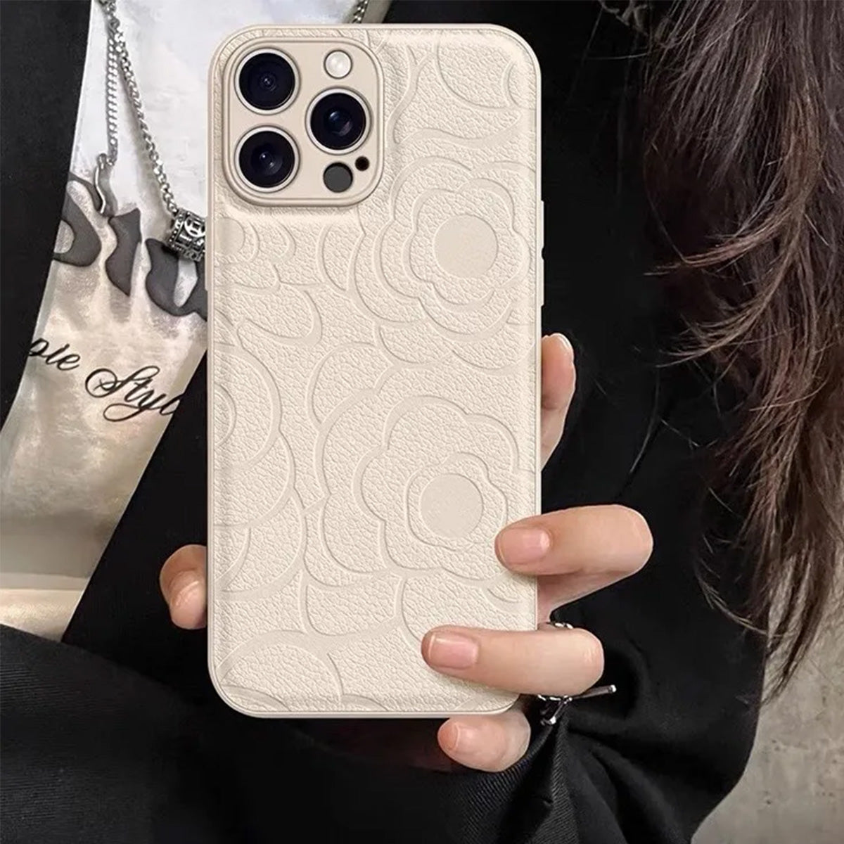 マットエンボス加工 スマホケース 山茶花 革製スマホ保護 白い高級感 大人気ins韓国