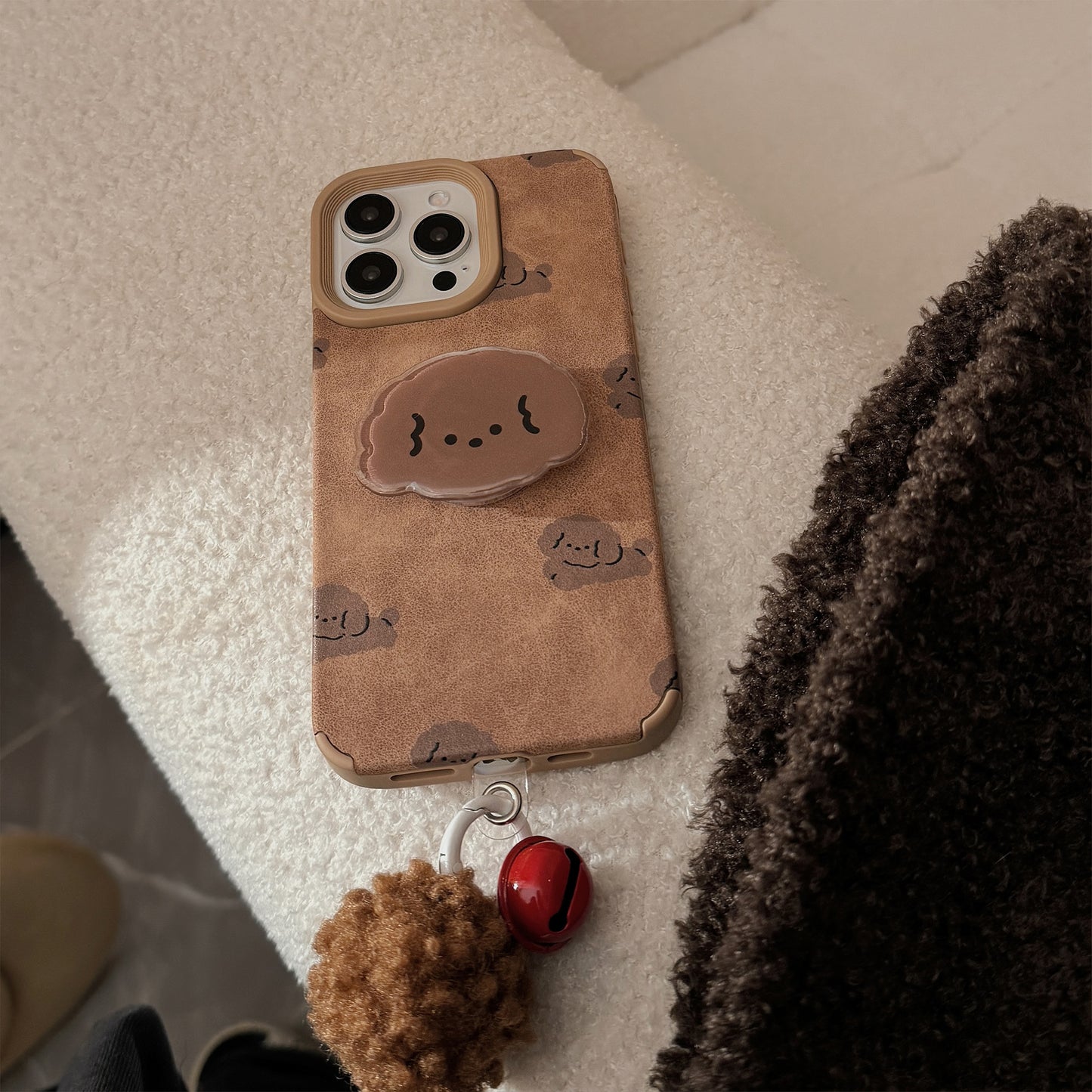 パピー 可愛いケース アイホン Iphoneケース スタンド しっぽ ベル 鈴 スエード感 TPU 立体ボタン 犬