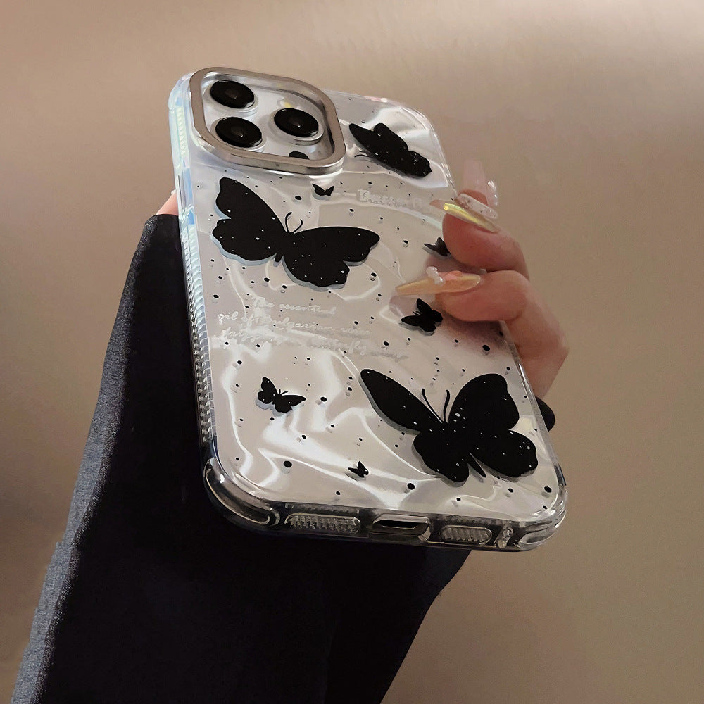 ケース 携帯用 アイホンケース ストラップ 蝶々 黒い きらめく ダーク風 リボン おしゃれ 水晶チェン クール