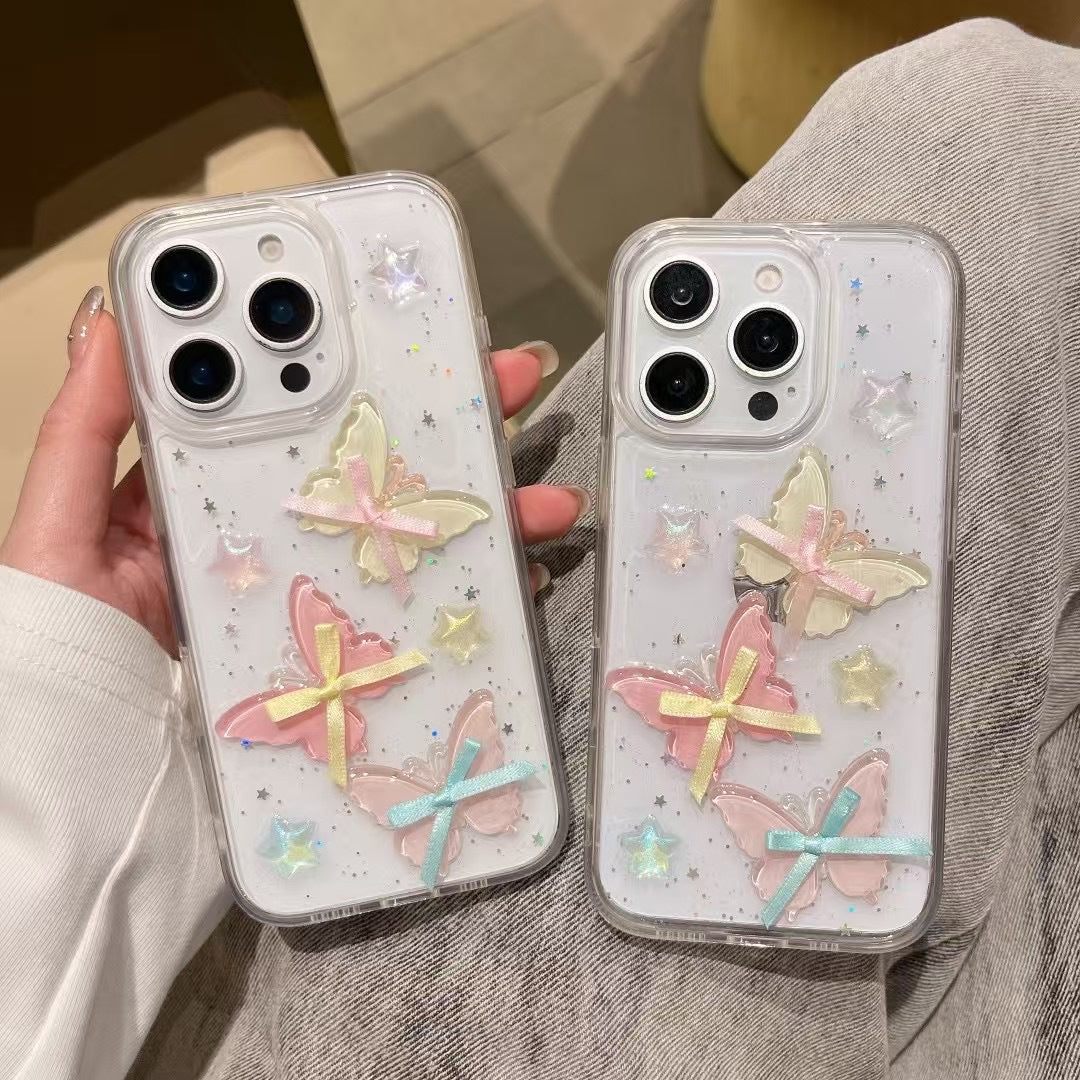 iPhone 用ケース キラキラ星 蝶々 リボン 白い ホワイト 透明 女性 人気 擦り傷防止 全面保護 耐衝撃 黄変対応