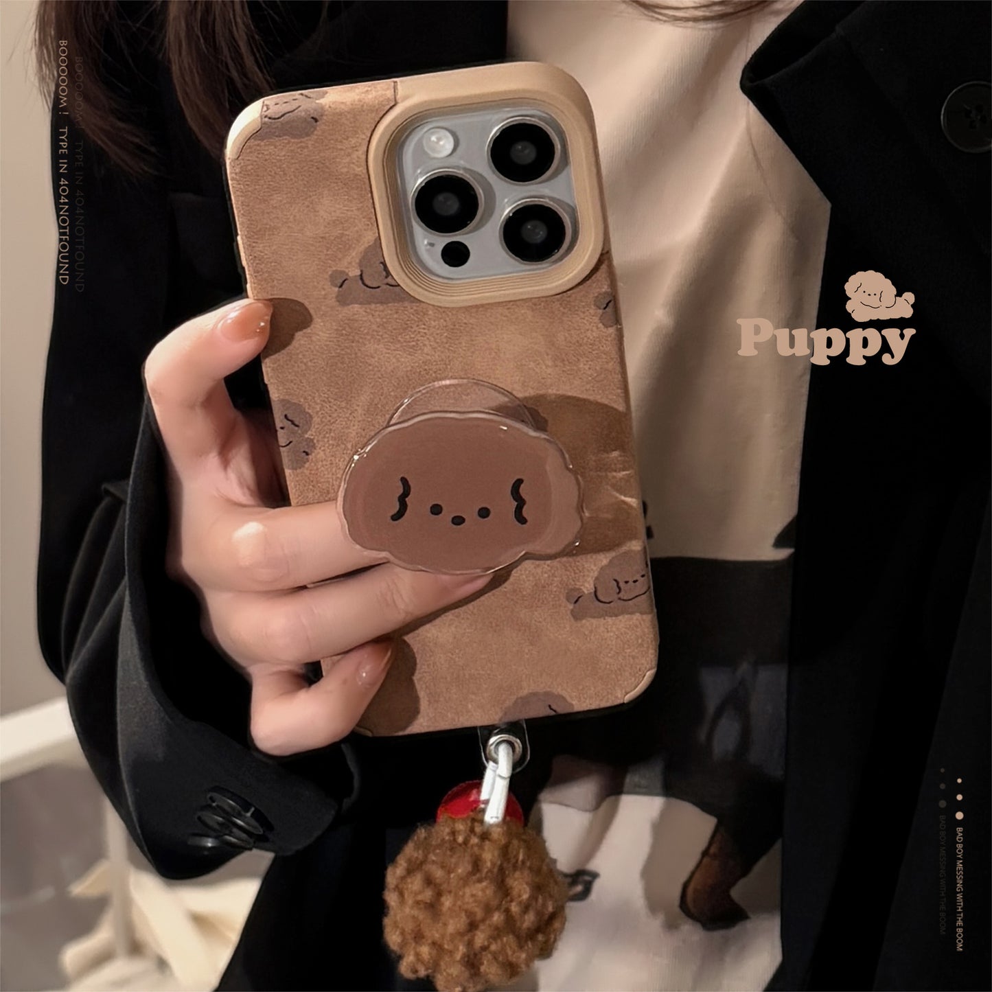 パピー 可愛いケース アイホン Iphoneケース スタンド しっぽ ベル 鈴 スエード感 TPU 立体ボタン 犬