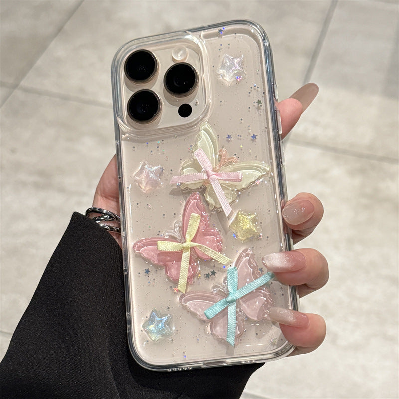 iPhone 用ケース キラキラ星 蝶々 リボン 白い ホワイト 透明 女性 人気 擦り傷防止 全面保護 耐衝撃 黄変対応