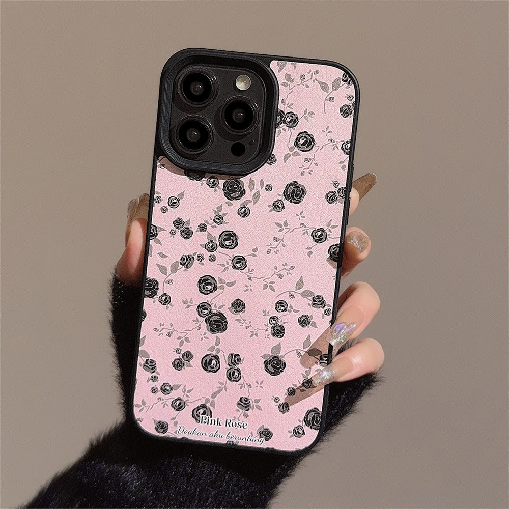 携帯ケース スマホ アイホン ケースFOR IPHONE ピンク 黒いバラ 精孔 立体ボタン カメラ保護 ストラップ対応 おしゃれ レディース