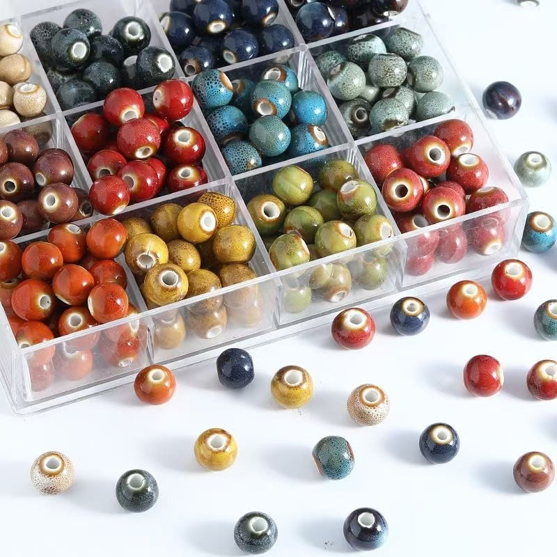 C.<AB00>陶磁器の散珠・丸珠・花釉・大穴のビーズで DIY アクセサリーの手作り材料キット（猫頭のビーズ送り）