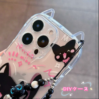 携帯ケース Iphone対応 猫耳 クロネコ ストラップ カメラ保護 フルカバー 透明キラキラ  おしゃれ 可愛い 超薄型