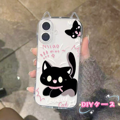 携帯ケース Iphone対応 猫耳 クロネコ ストラップ カメラ保護 フルカバー 透明キラキラ  おしゃれ 可愛い 超薄型