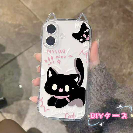 携帯ケース Iphone対応 猫耳 クロネコ ストラップ カメラ保護 フルカバー 透明キラキラ  おしゃれ 可愛い 超薄型