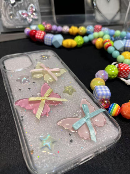 iPhone 用ケース キラキラ星 蝶々 リボン 白い ホワイト 透明 女性 人気 擦り傷防止 全面保護 耐衝撃 黄変対応