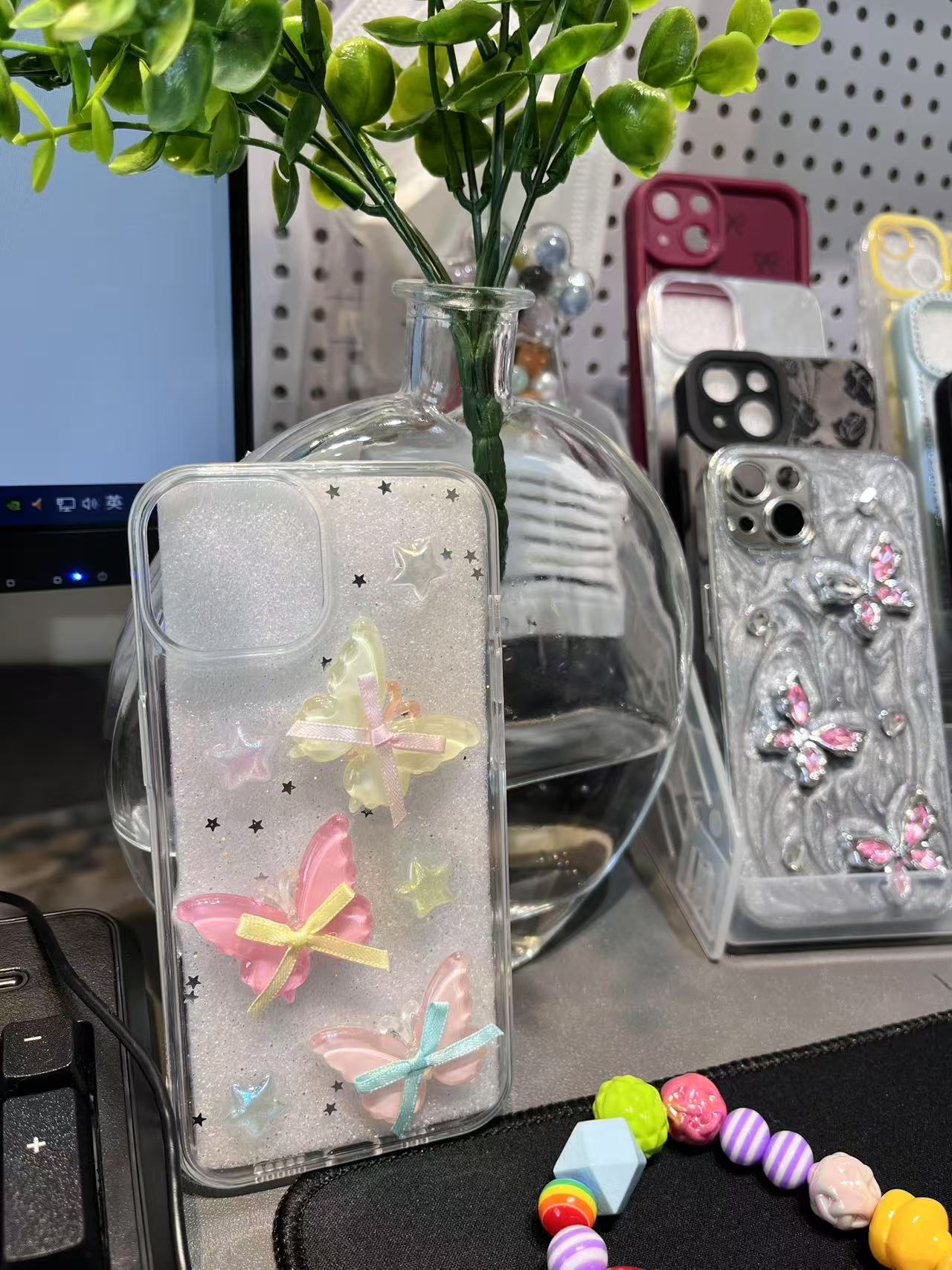 iPhone 用ケース キラキラ星 蝶々 リボン 白い ホワイト 透明 女性 人気 擦り傷防止 全面保護 耐衝撃 黄変対応