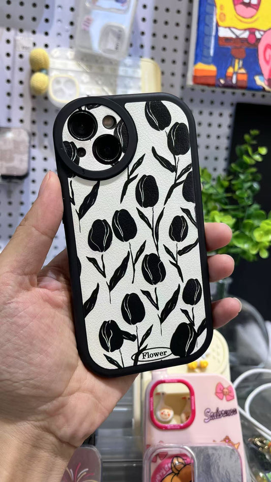 携帯ケース スマホ アイホン チューリップ 黒い しろくろ 軽量ケース 衝撃対応 フルカバー 落下実験 精密開口 カバー for Iphone レンズ保護