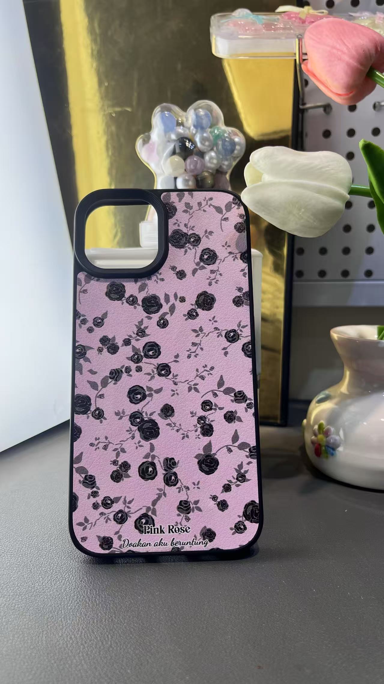 携帯ケース スマホ アイホン ケースFOR IPHONE ピンク 黒いバラ 精孔 立体ボタン カメラ保護 ストラップ対応 おしゃれ レディース