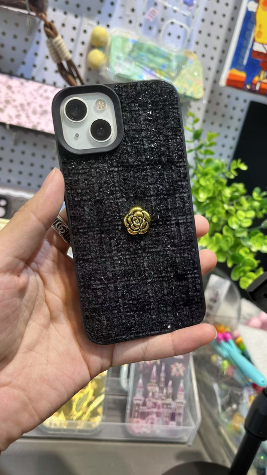 スマホケース アイホンケース クロ 山茶花 起毛生地 キラキラ 保護ケース 精密加工 高級 おしゃれ 柔らかい