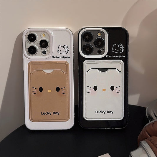 可愛いケース 携帯スマホケース アイホン kitty 可愛い猫 ラッキー 軽量 カード収納 スロット しろくろ 軽量フルカバー