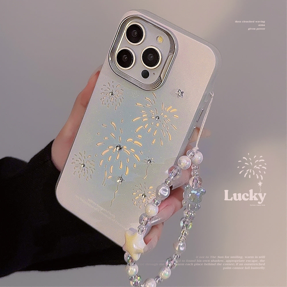 携帯ケース 花火 ハナビ スマホ 画面保護 キラキラ ケースFOR IPHONE ストラップ ダイヤ張り紙 耐衝撃 立体ボタン カメラ保護