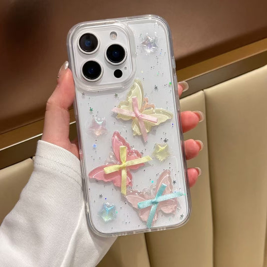 iPhone 用ケース キラキラ星 蝶々 リボン 白い ホワイト 透明 女性 人気 擦り傷防止 全面保護 耐衝撃 黄変対応