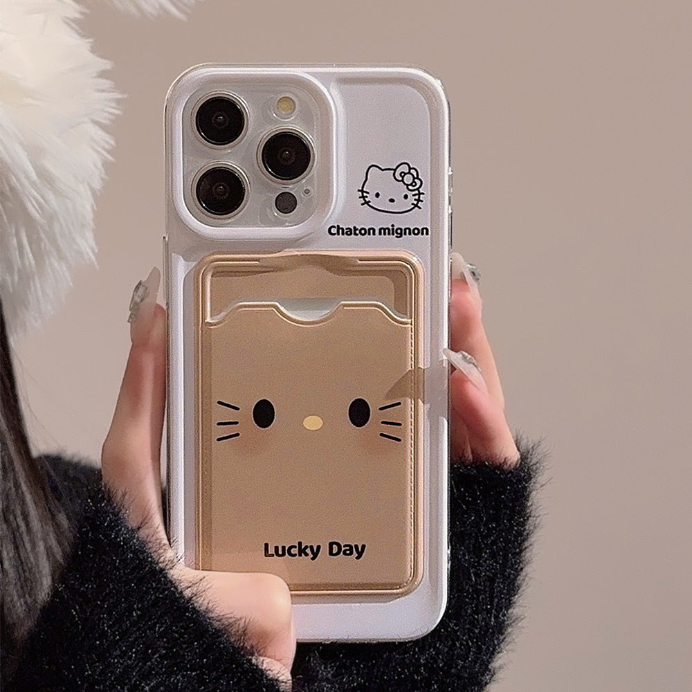 可愛いケース 携帯スマホケース アイホン kitty 可愛い猫 ラッキー 軽量 カード収納 スロット しろくろ 軽量フルカバー