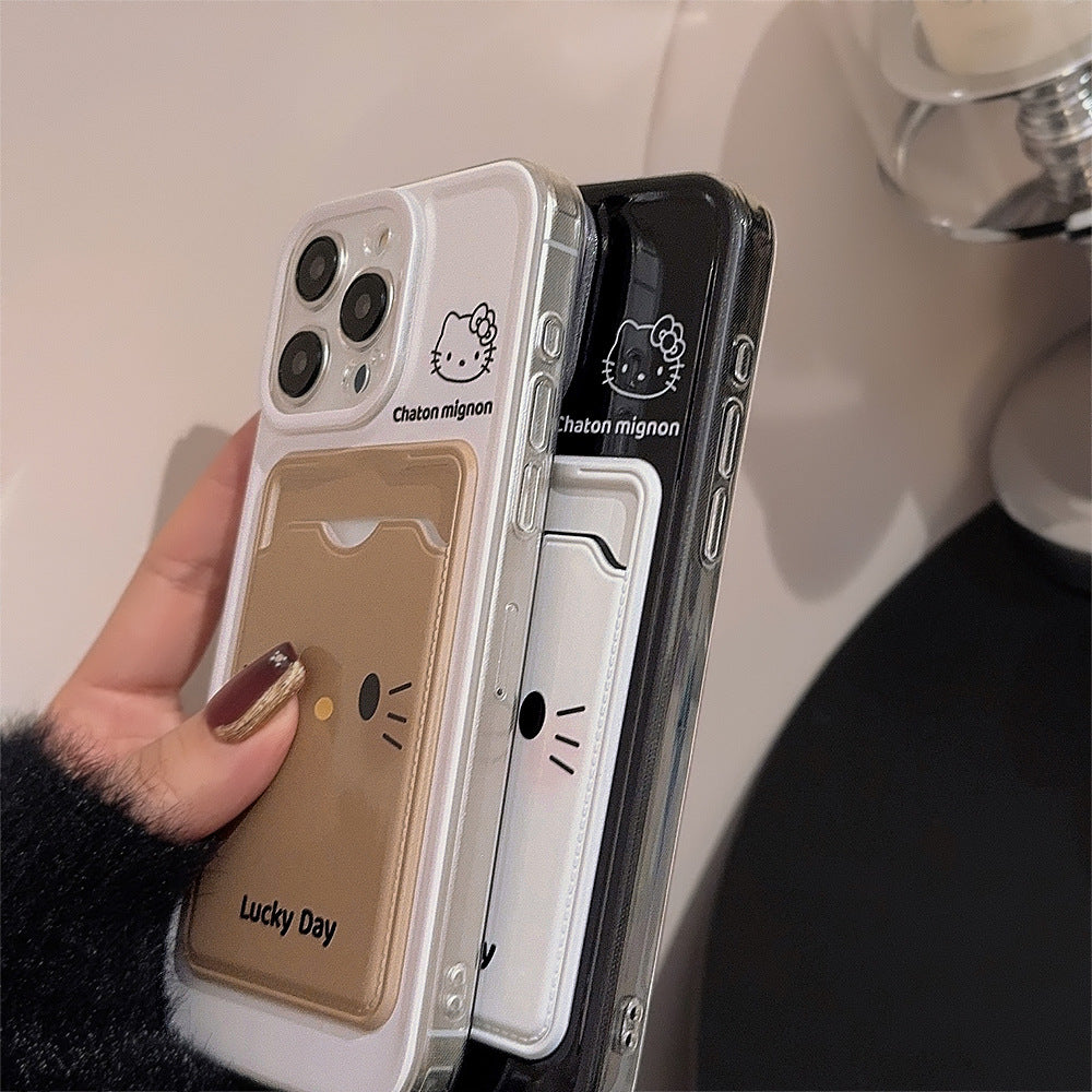 可愛いケース 携帯スマホケース アイホン kitty 可愛い猫 ラッキー 軽量 カード収納 スロット しろくろ 軽量フルカバー