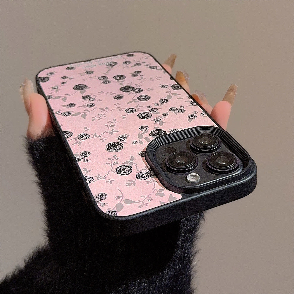 携帯ケース スマホ アイホン ケースFOR IPHONE ピンク 黒いバラ 精孔 立体ボタン カメラ保護 ストラップ対応 おしゃれ レディース