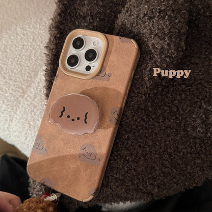 パピー 可愛いケース アイホン Iphoneケース スタンド しっぽ ベル 鈴 スエード感 TPU 立体ボタン 犬