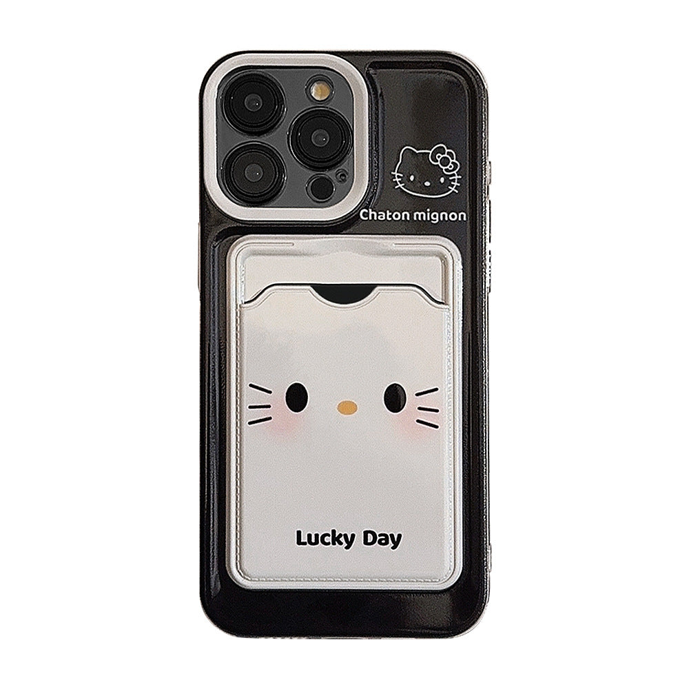 可愛いケース 携帯スマホケース アイホン kitty 可愛い猫 ラッキー 軽量 カード収納 スロット しろくろ 軽量フルカバー