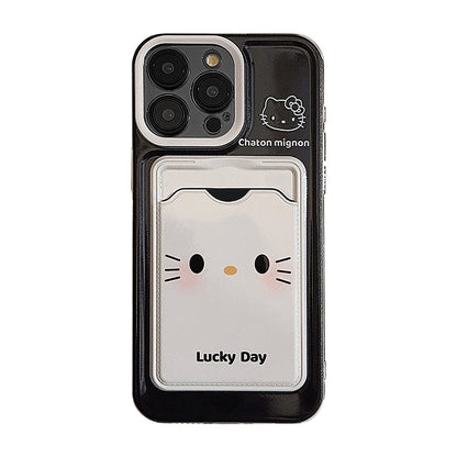 可愛いケース 携帯スマホケース アイホン kitty 可愛い猫 ラッキー 軽量 カード収納 スロット しろくろ 軽量フルカバー