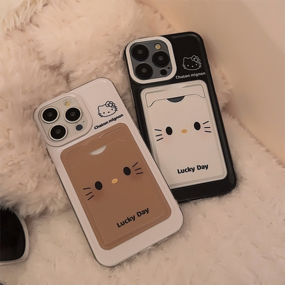 可愛いケース 携帯スマホケース アイホン kitty 可愛い猫 ラッキー 軽量 カード収納 スロット しろくろ 軽量フルカバー
