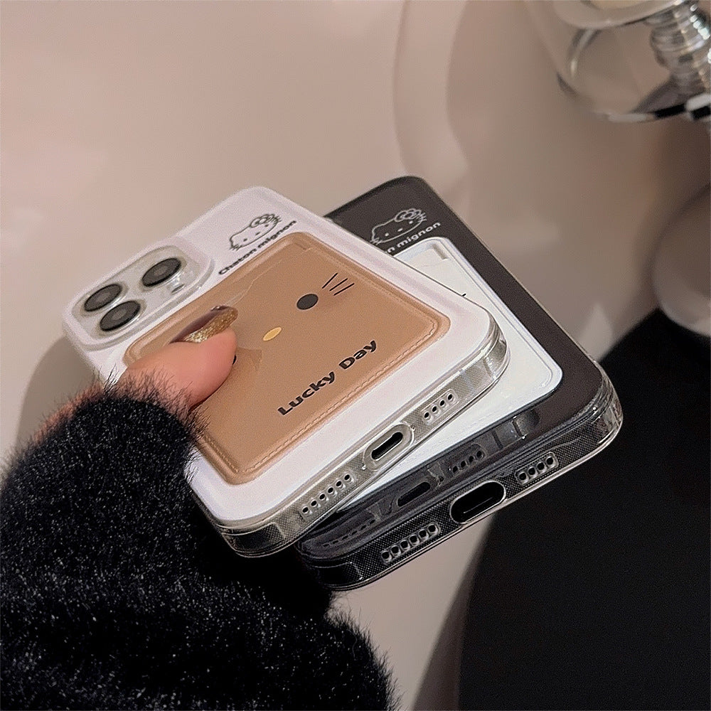 可愛いケース 携帯スマホケース アイホン kitty 可愛い猫 ラッキー 軽量 カード収納 スロット しろくろ 軽量フルカバー